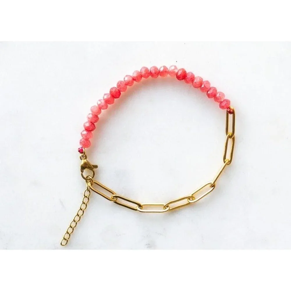 Half & Half Red Jade Beaded Gemstone Necklace Gold Paperclip Chain Modern